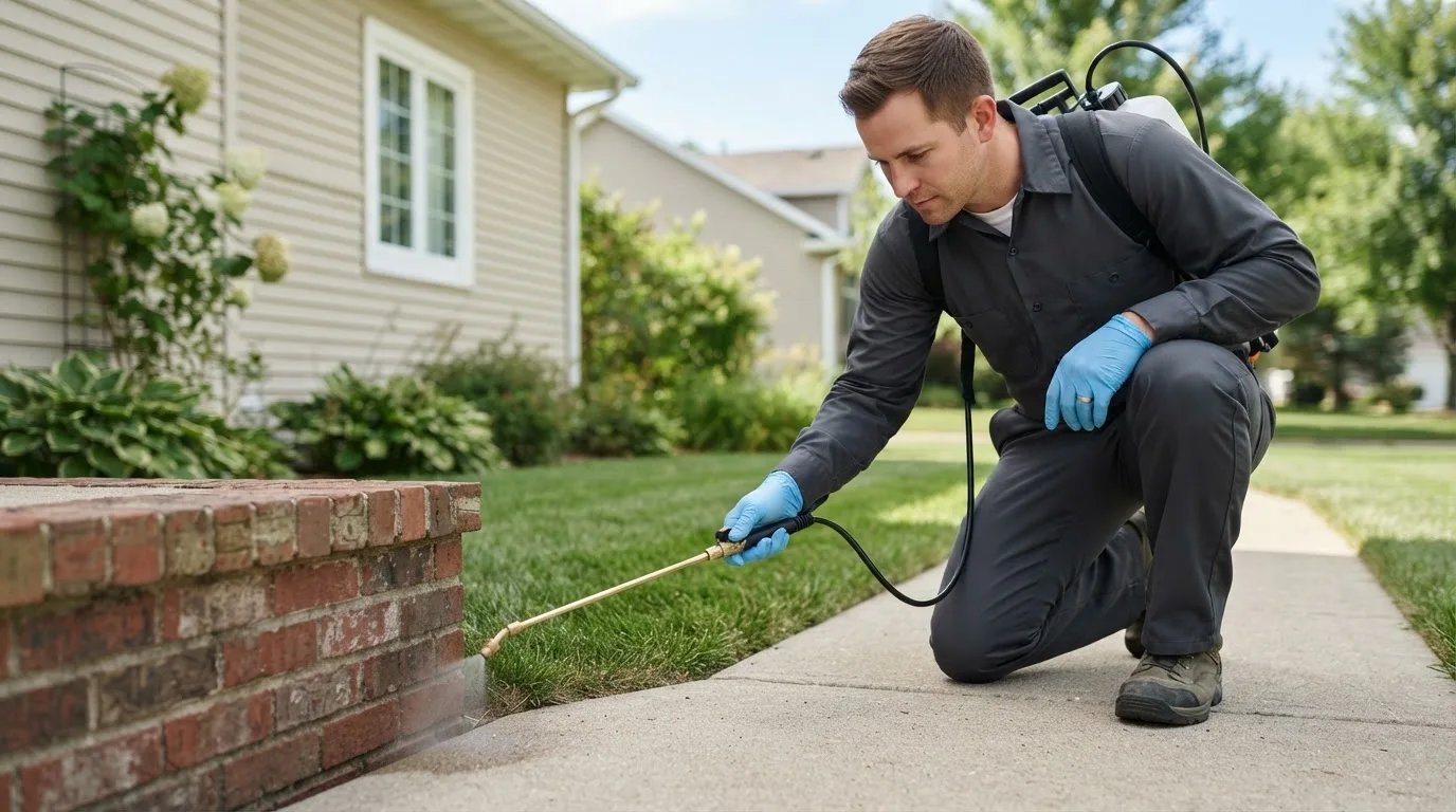 Pest control technician treating a home near Bloomingdale, OH