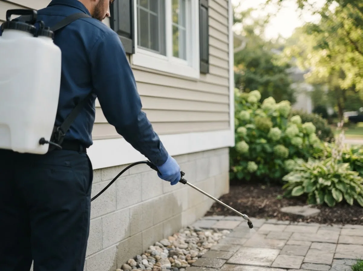Pest control technician inspecting a home in Bloomingdale, OH